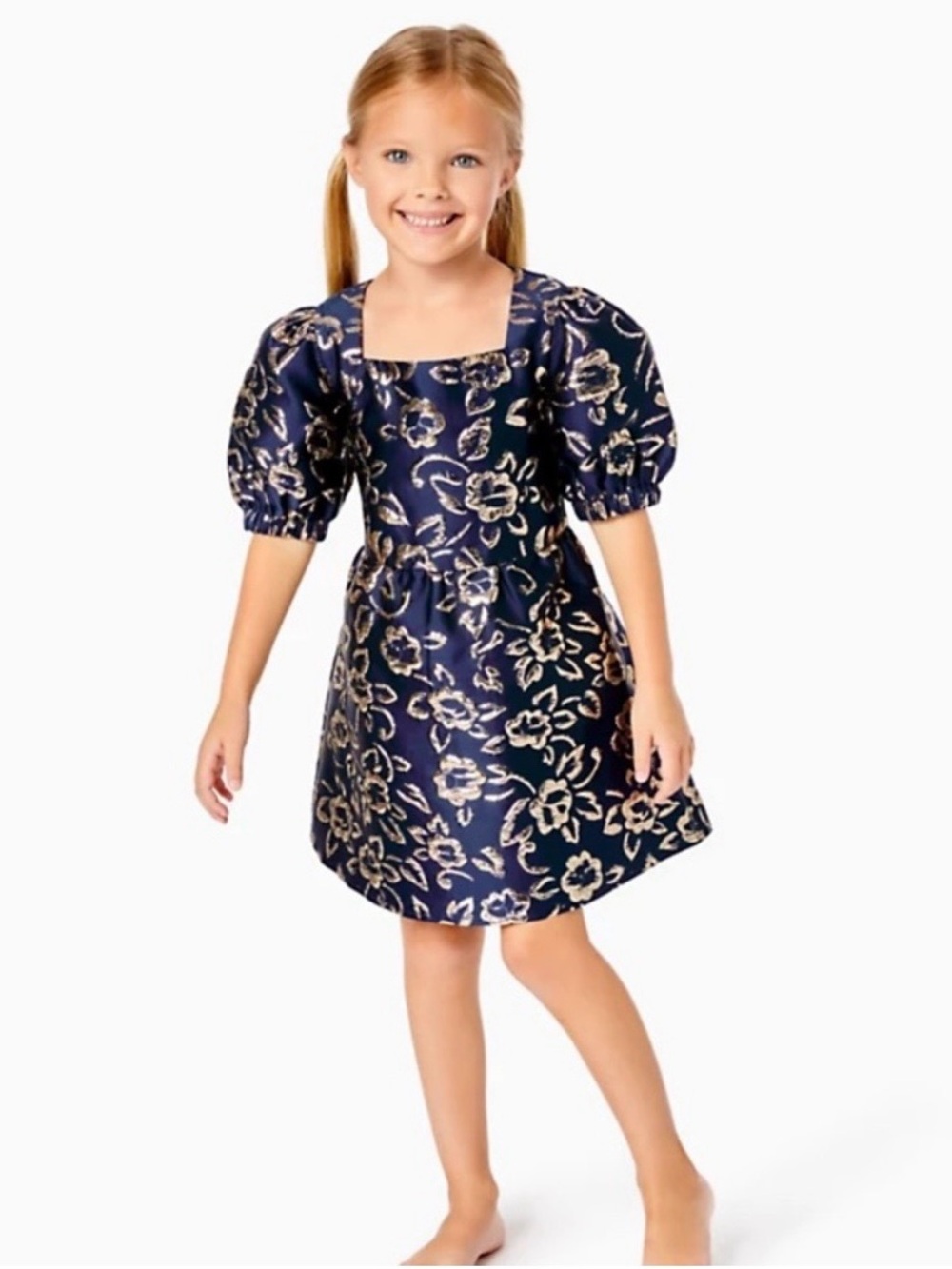 NWT Lilly Pulitzer  Mini Kasslyn Navy Floral Puff-Sleeve Girls' Dress Size 10